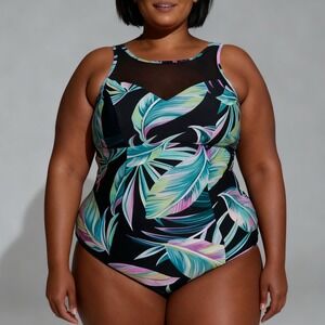 Torrid Wireless Mesh High Neck One Piece Swimsuit Palm Print size 2 (2X)